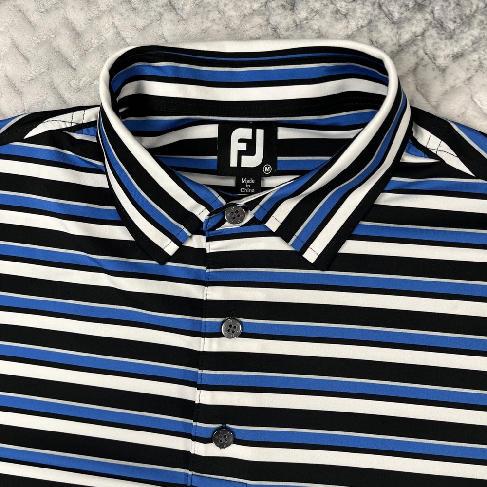 FootJoy Polo Shirt Mens M White Blue BLK Stripe Golf Performance Short Sleeve